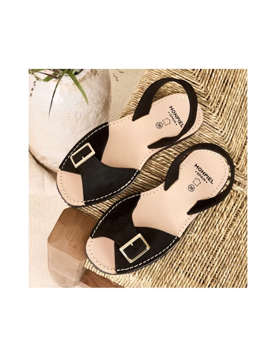 MONPIEL Women Leather Sandals^Menorcan Sandal With Buckle Black