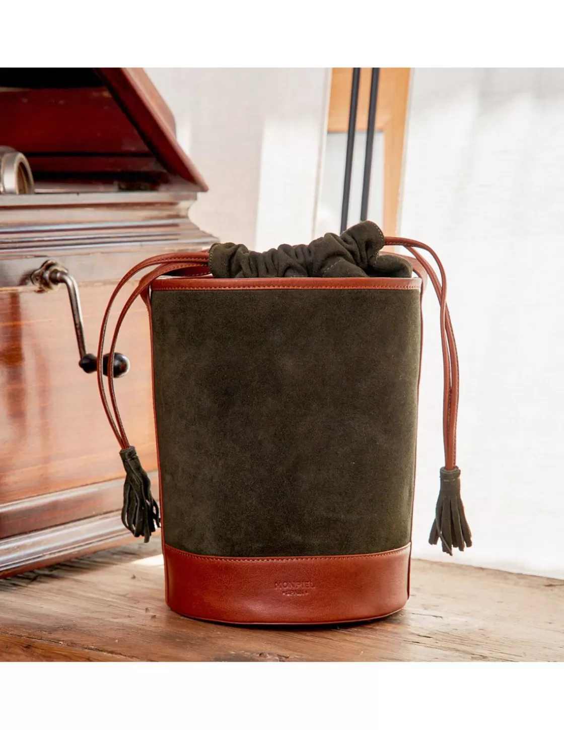 MONPIEL Women'S Leather Bag^Round Bucket Bag Green Suede